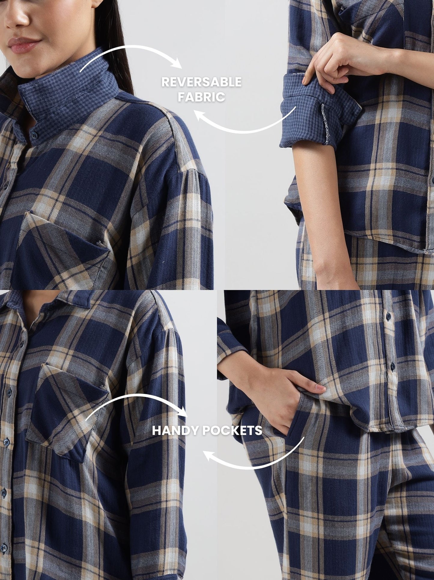 Blue Tartan Checks Reversible Shirt Pyjama Lounge Set