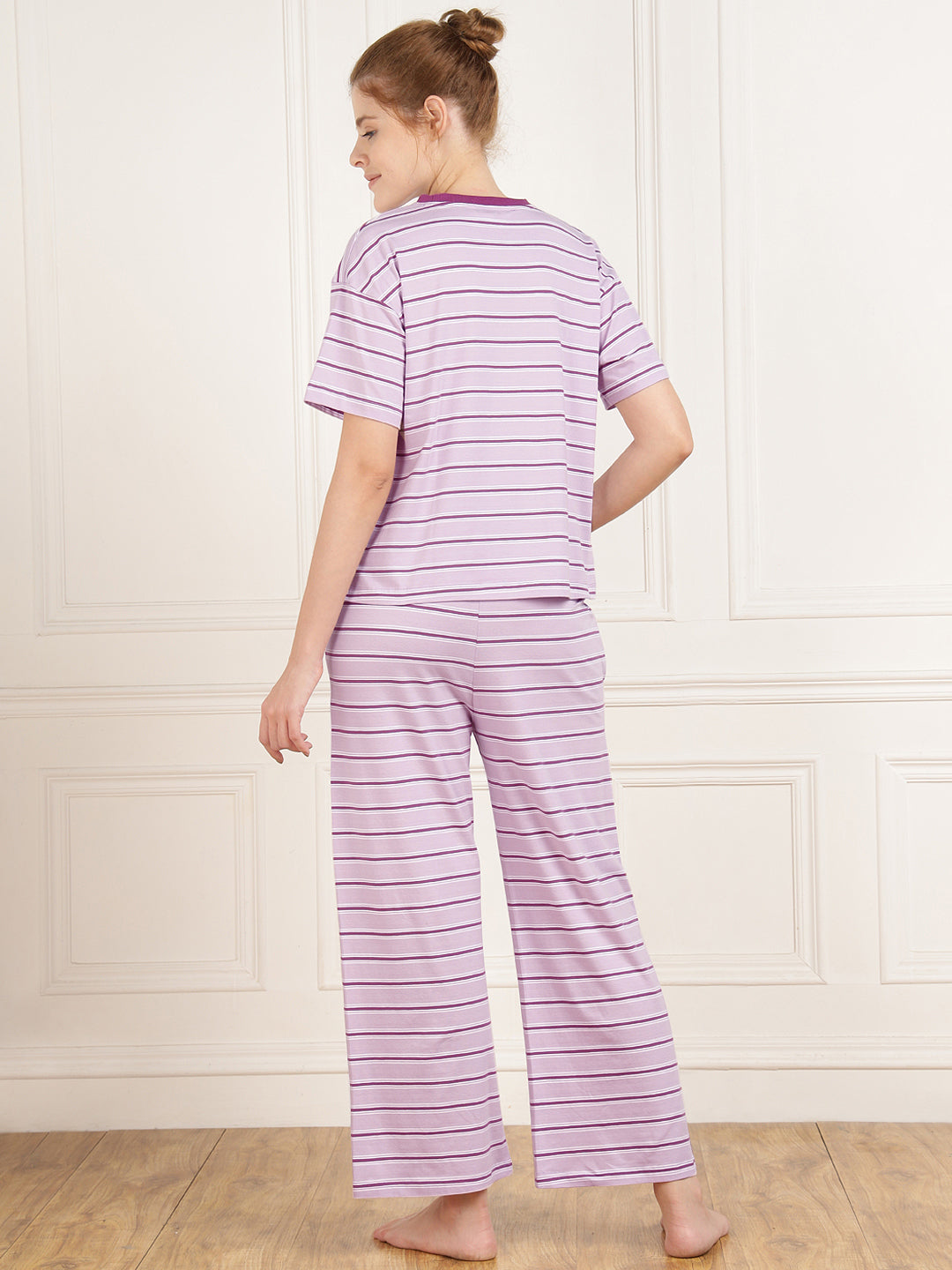 Purple Stripe Tshirt & Pajama Set - Stretchable