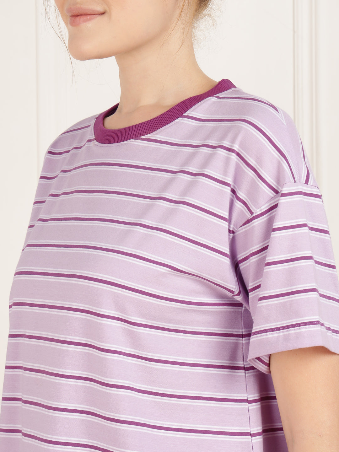 Purple Stripe Tshirt & Pajama Set - Stretchable