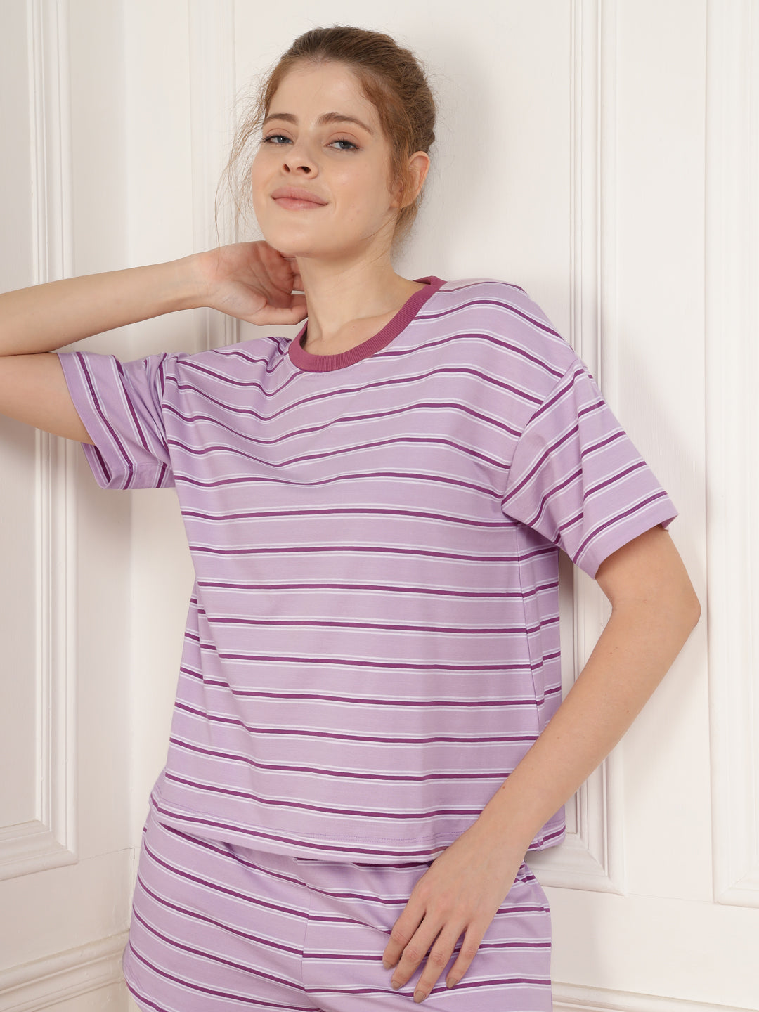 Purple Stripe Cotton Tshirt & Shorts Set - Stretchable