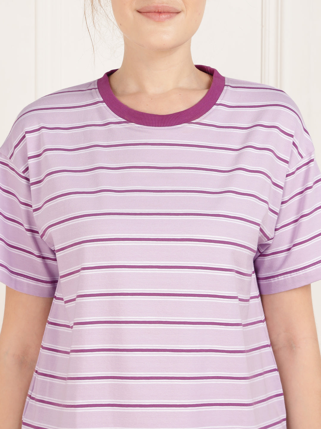 Purple Stripe Cotton Tshirt & Shorts Set - Stretchable