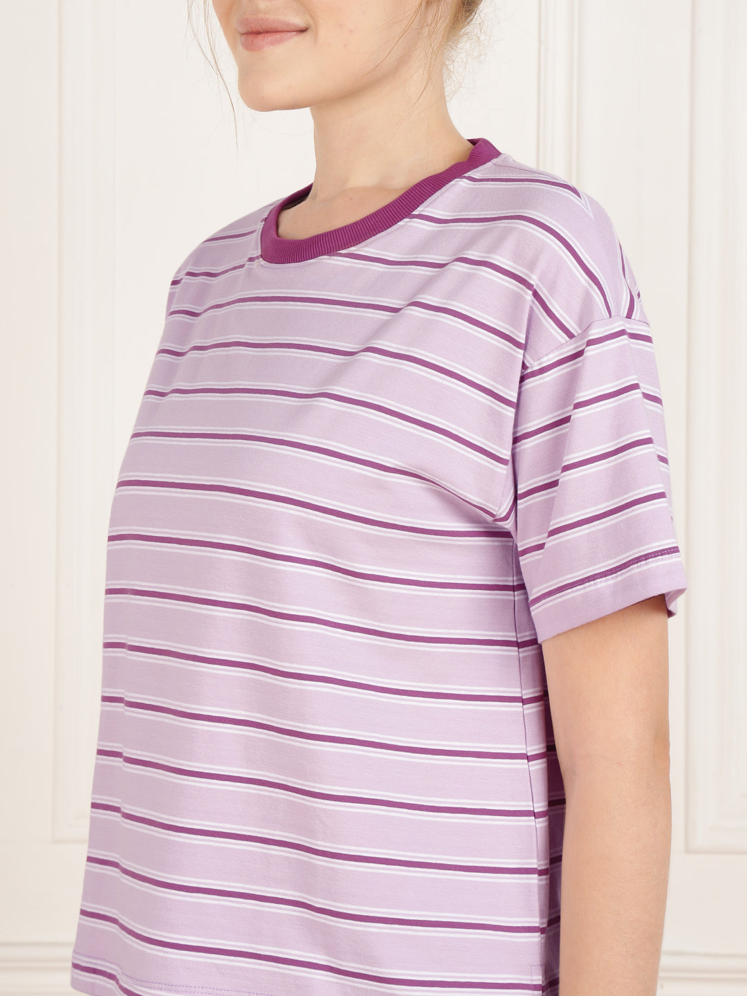 Purple Stripe Cotton Tshirt & Shorts Set - Stretchable