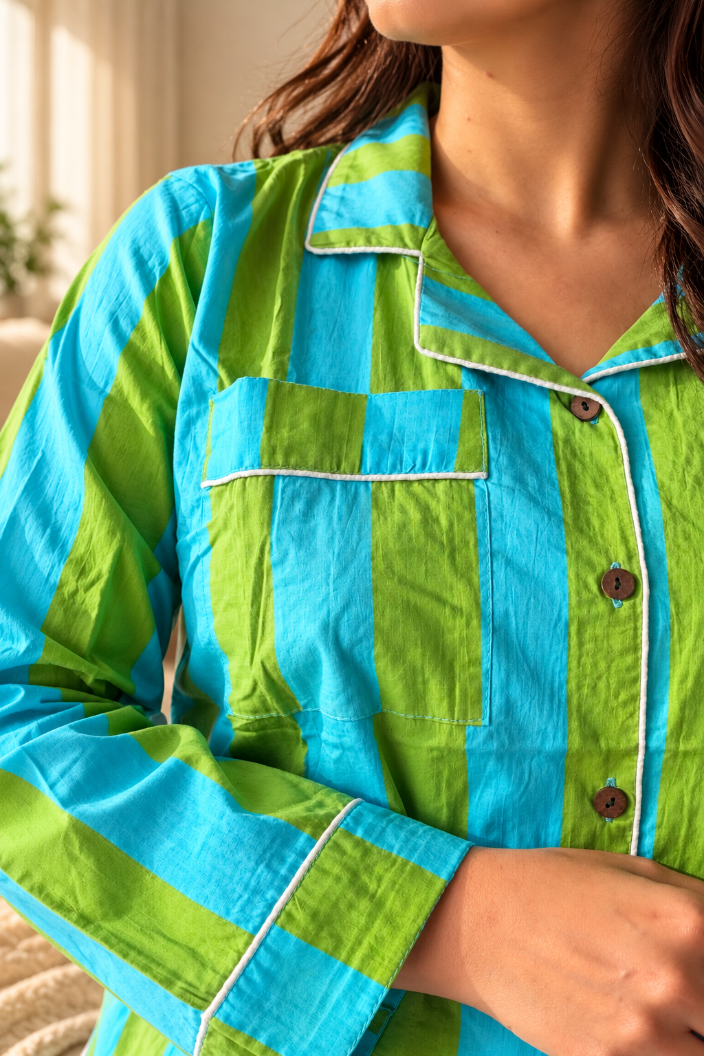 Striped Pure Cotton Shirt PJ Set - Blue Green