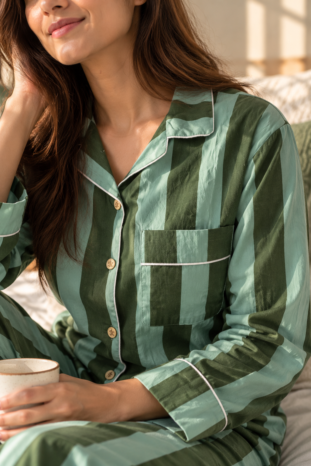 Striped Pure Cotton Shirt PJ Set - Olive Green Colour