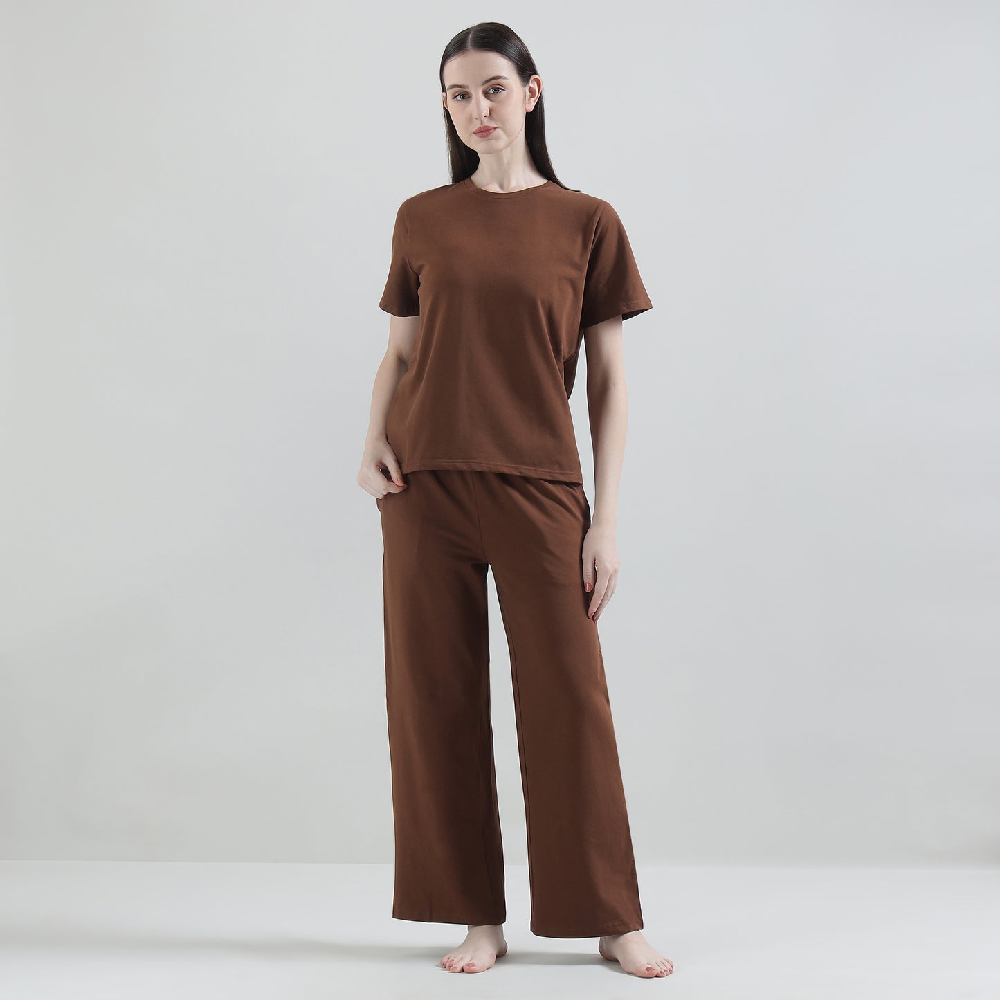 Padded Cotton T-Shirt & Pajama Set for Women (Braless Support) – Brown