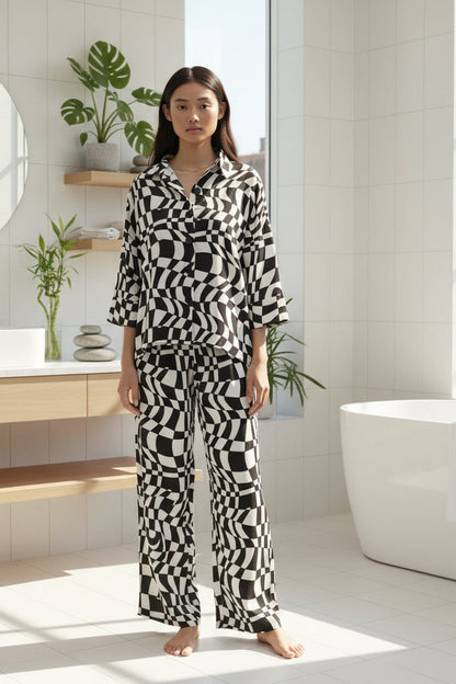 Chess Over Sized Shirt + Pyjama Cotton Rayon Co-ords