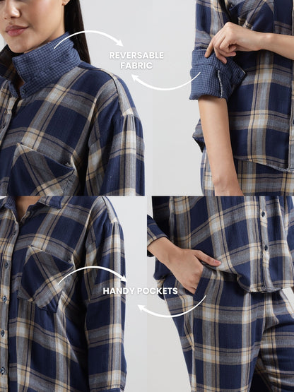 Blue Tartan Checks Reversible Shirt Pyjama Lounge Set