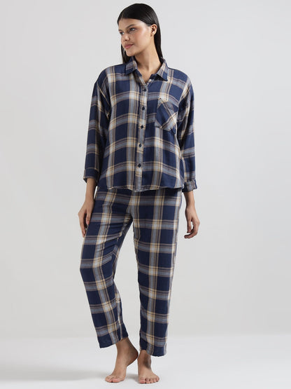 Blue Tartan Checks Reversible Shirt Pyjama Lounge Set