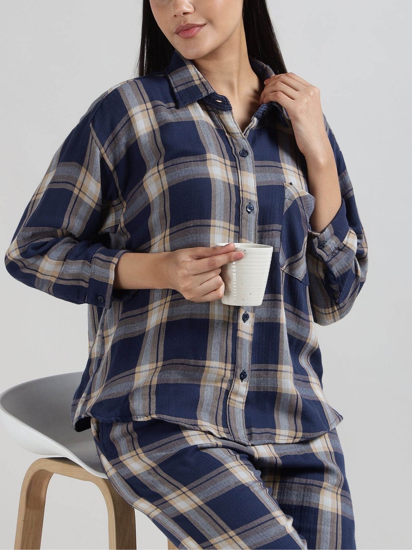 Blue Tartan Checks Reversible Shirt Pyjama Lounge Set
