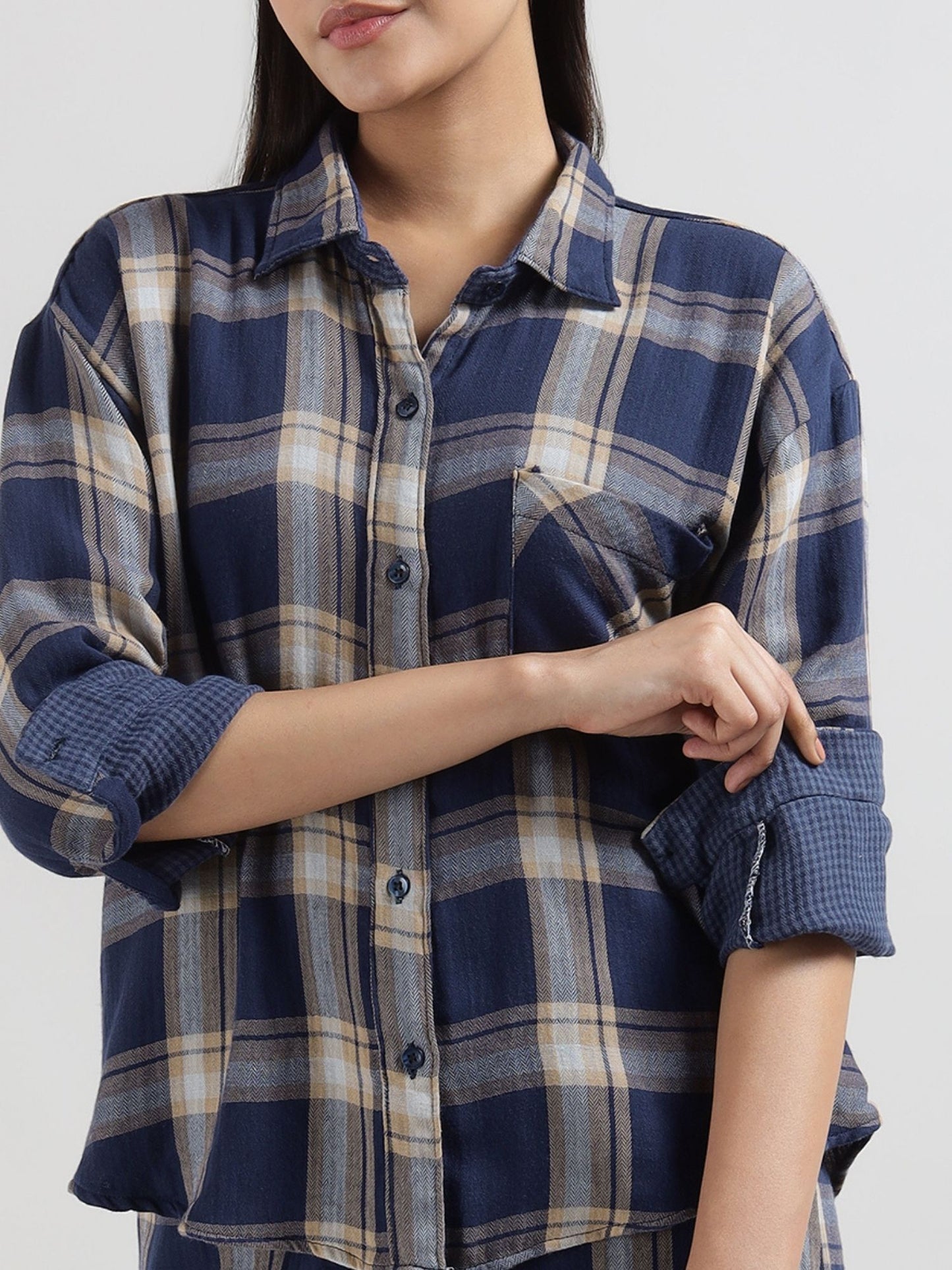 Blue Tartan Checks Reversible Shirt Pyjama Lounge Set