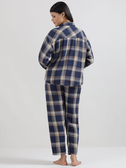 Blue Tartan Checks Reversible Shirt Pyjama Lounge Set