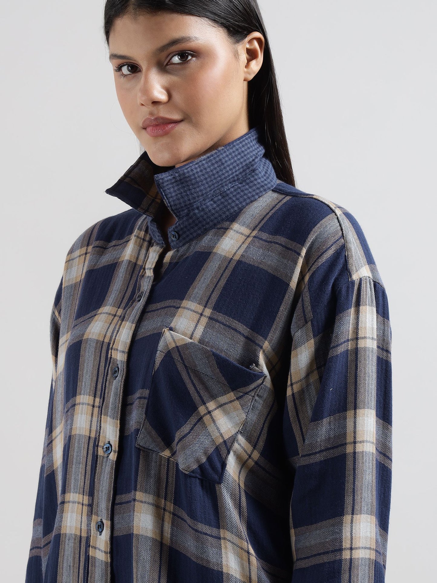 Blue Tartan Checks Reversible Shirt Pyjama Lounge Set