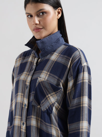 Blue Tartan Checks Reversible Shirt Pyjama Lounge Set
