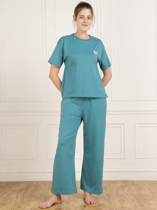 Cotton Teal Tshirt & Pajama Set - Stretchable