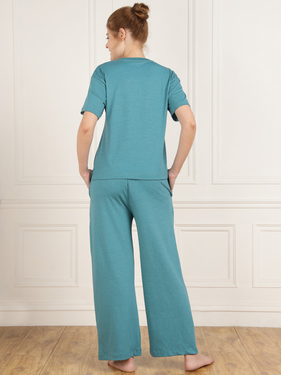 Cotton Teal Tshirt & Pajama Set - Stretchable
