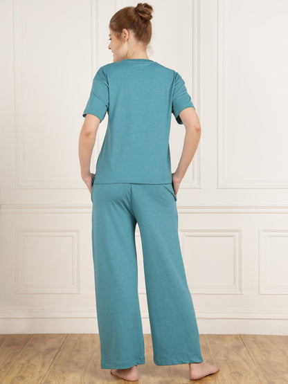 Cotton Teal Tshirt & Pajama Set - Stretchable