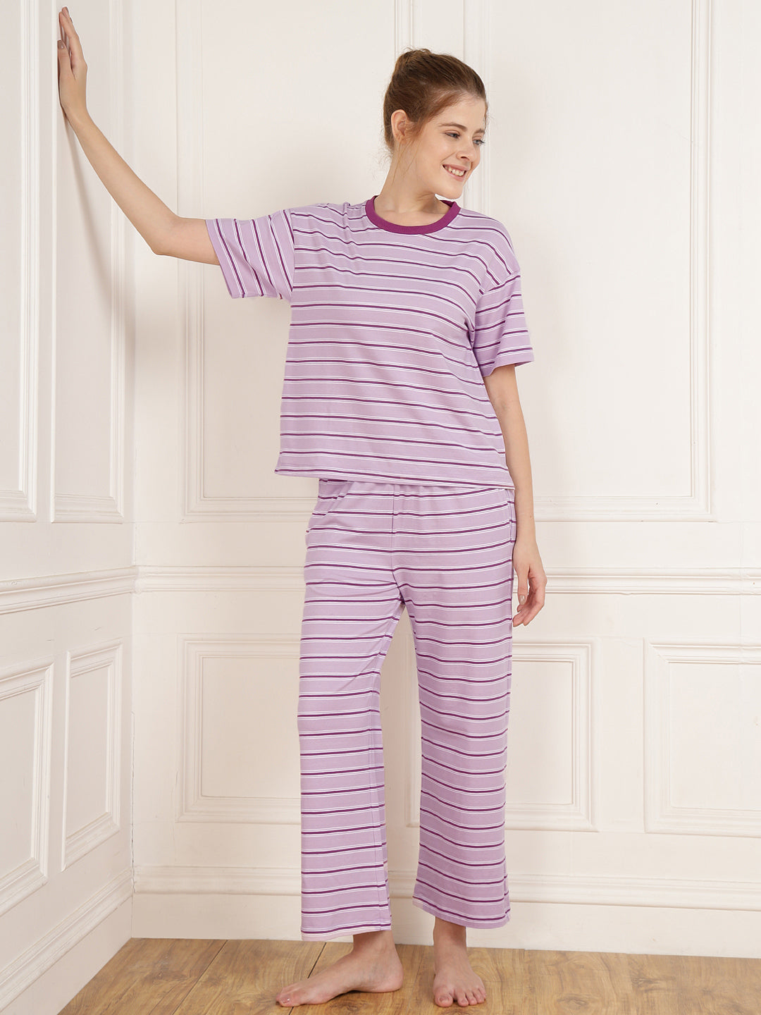 Purple Stripe Tshirt & Pajama Set - Stretchable