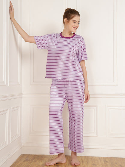 Purple Stripe Tshirt & Pajama Set - Stretchable