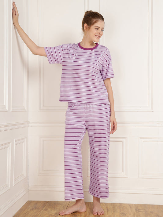Purple Stripe Tshirt & Pajama Set - Stretchable