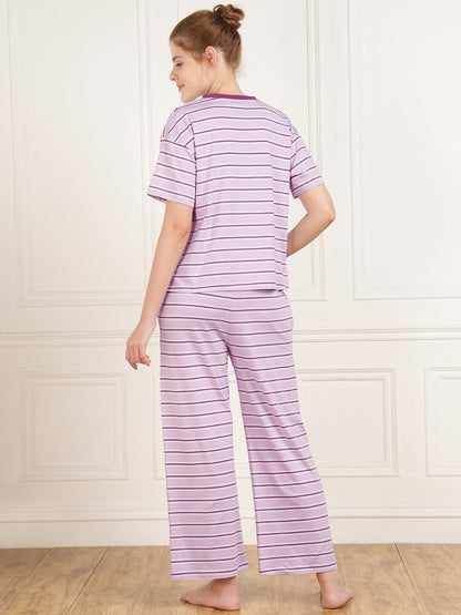 Purple Stripe Tshirt & Pajama Set - Stretchable