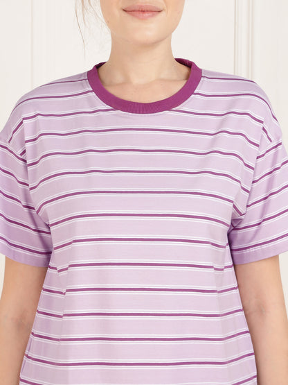 Purple Stripe Cotton Tshirt & Shorts Set - Stretchable