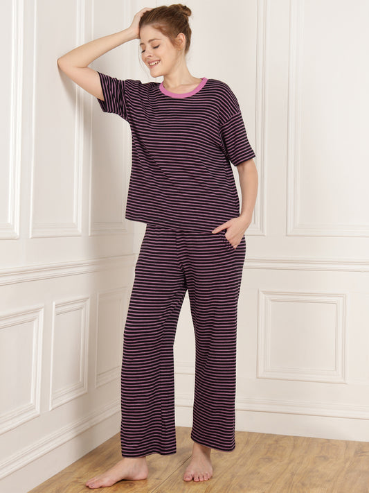Black Pink Stripe Pajama Set - Stretchable