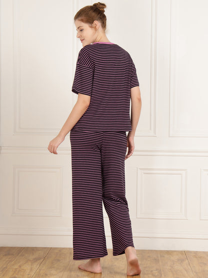 Black Pink Stripe Pajama Set - Stretchable