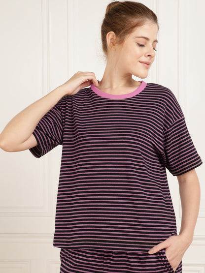 Black Pink Stripe Pajama Set - Stretchable