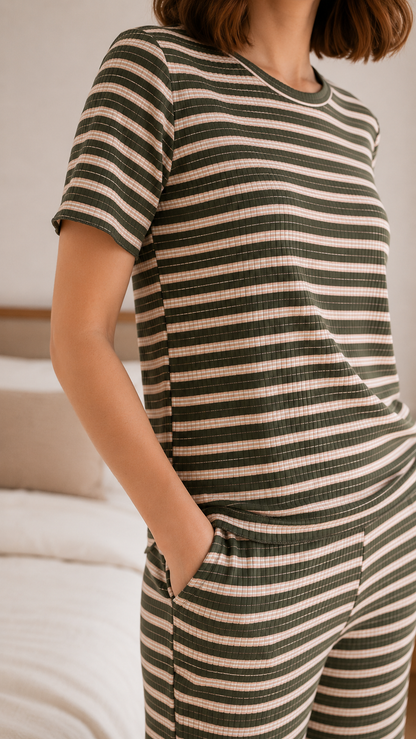 Padded Cotton T-Shirt & Pajama Set for Women (Braless Support) – Green White Stripes