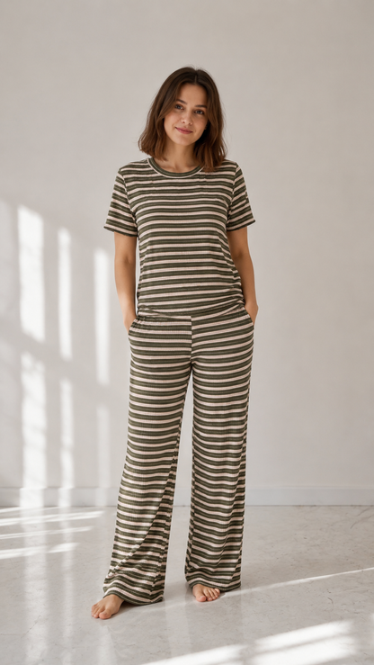 Padded Cotton T-Shirt & Pajama Set for Women (Braless Support) – Green White Stripes