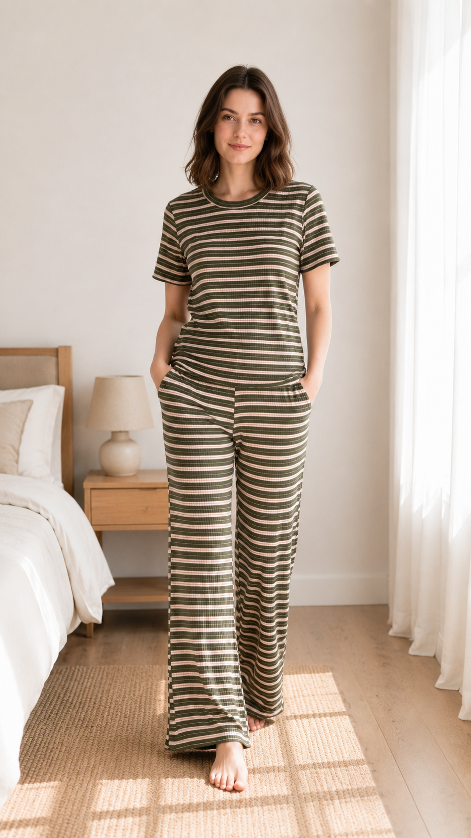Padded Cotton T-Shirt & Pajama Set for Women (Braless Support) – Green White Stripes