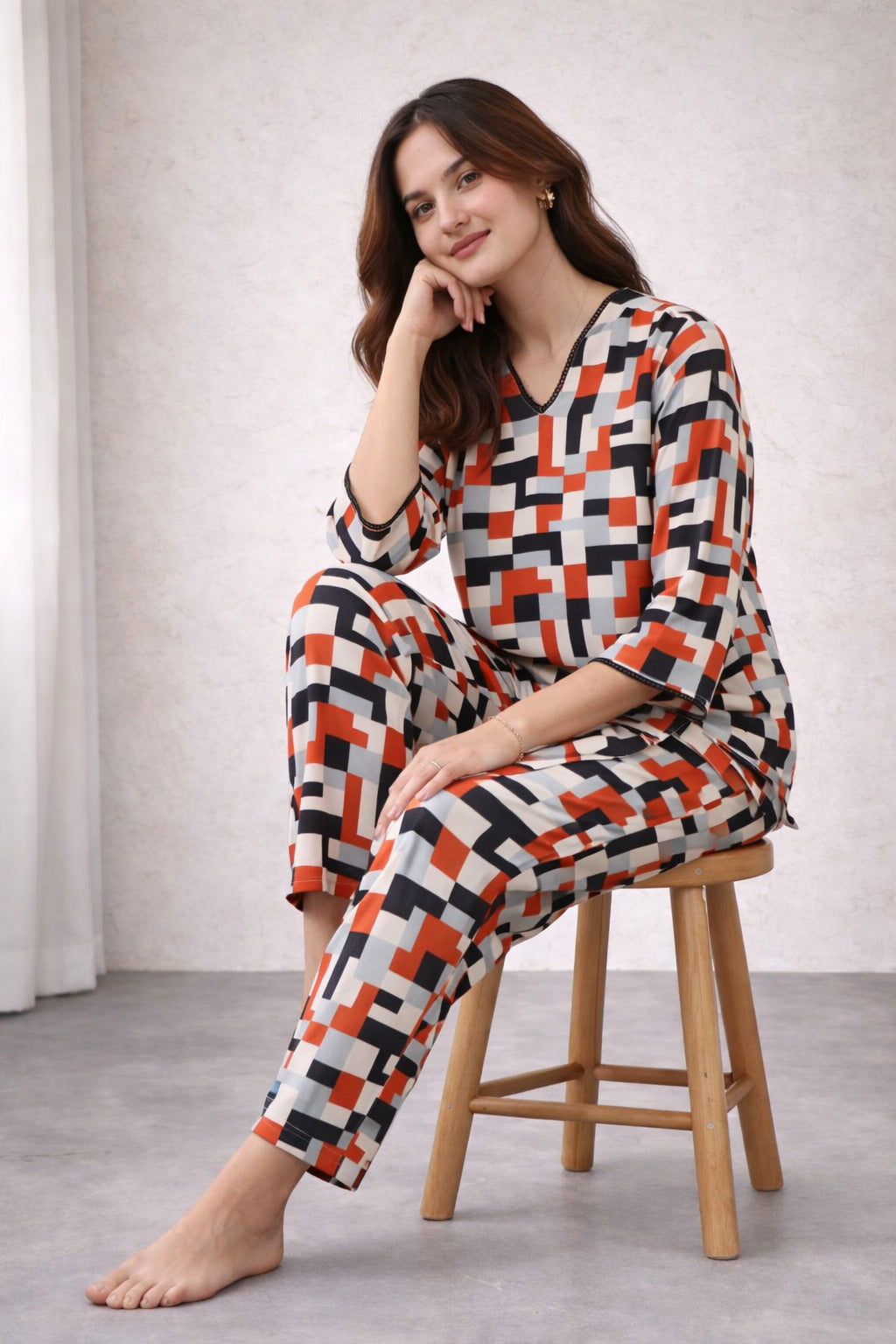 Pixel Print Kurti Top PJ Set