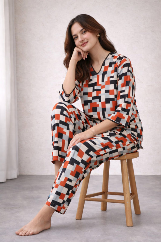 Pixel Print Kurti Top PJ Set