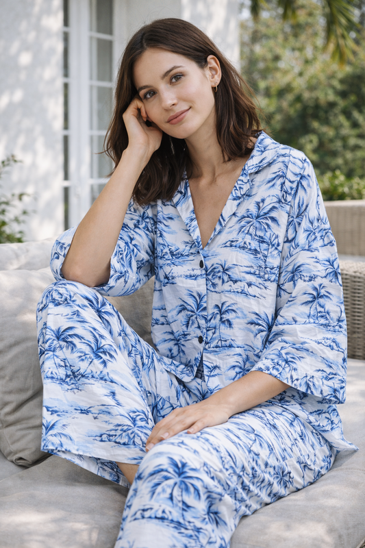 Blue Palm Oversized Shirt + Pyjama Co-ords