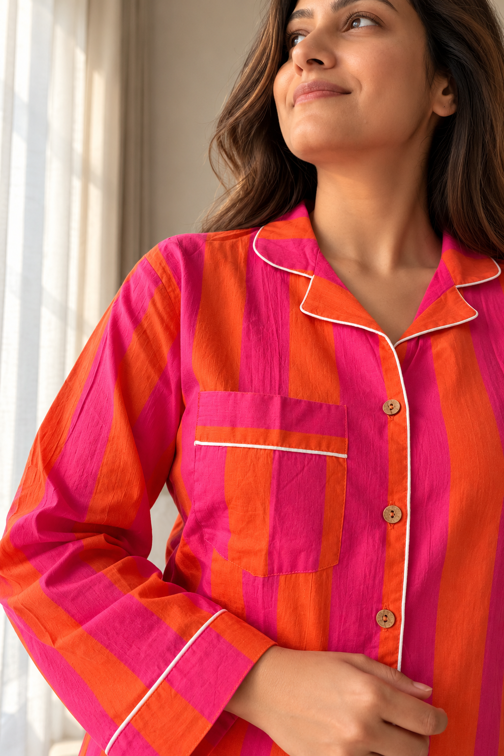 Striped Pure Cotton Shirt PJ Set - Orange Pink