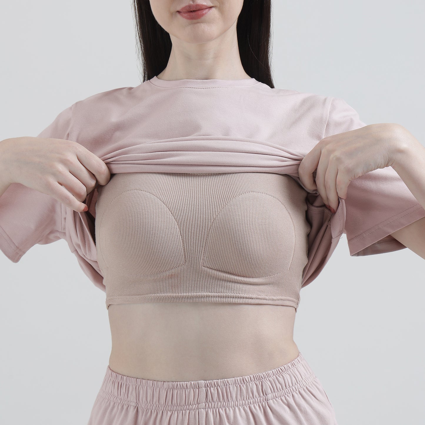 Padded Cotton T-Shirt & Pajama Set for Women (Braless Support) – Pink