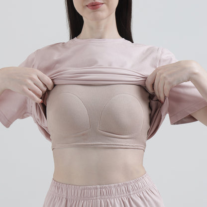 Padded Cotton T-Shirt & Pajama Set for Women (Braless Support) – Pink