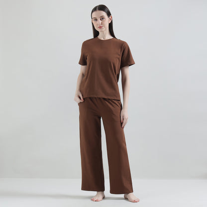 Padded Cotton T-Shirt & Pajama Set for Women (Braless Support) – Brown