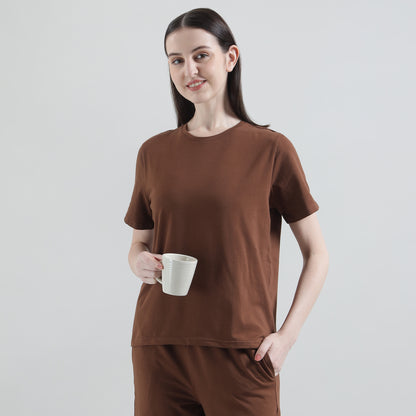 Padded Cotton T-Shirt & Pajama Set for Women (Braless Support) – Brown