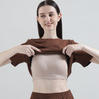 Padded Cotton T-Shirt & Pajama Set for Women (Braless Support) – Brown