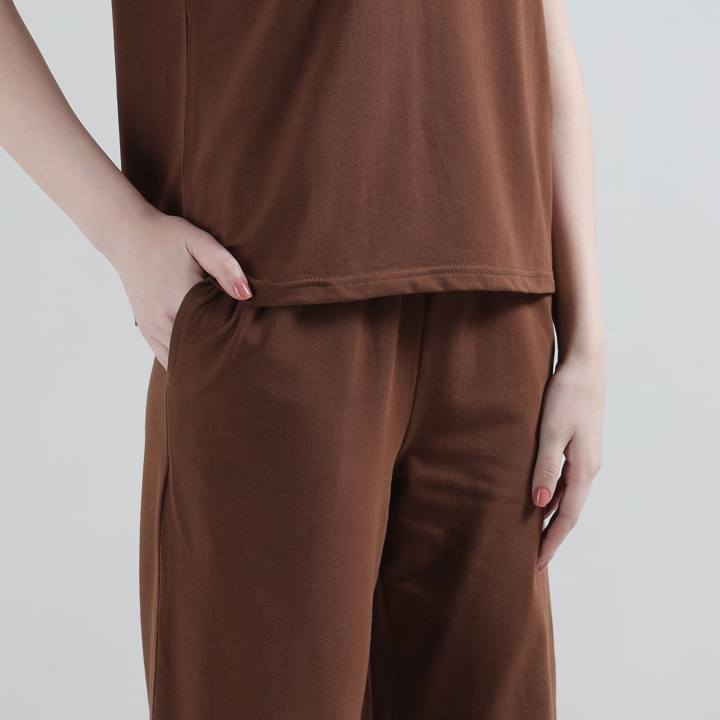 Padded Cotton T-Shirt & Pajama Set for Women (Braless Support) – Brown