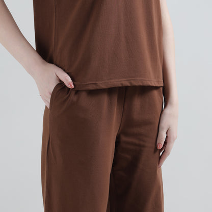Padded Cotton T-Shirt & Pajama Set for Women (Braless Support) – Brown