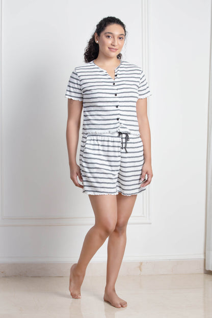 Grey & White Stripe Shorts Set (Stretchable)