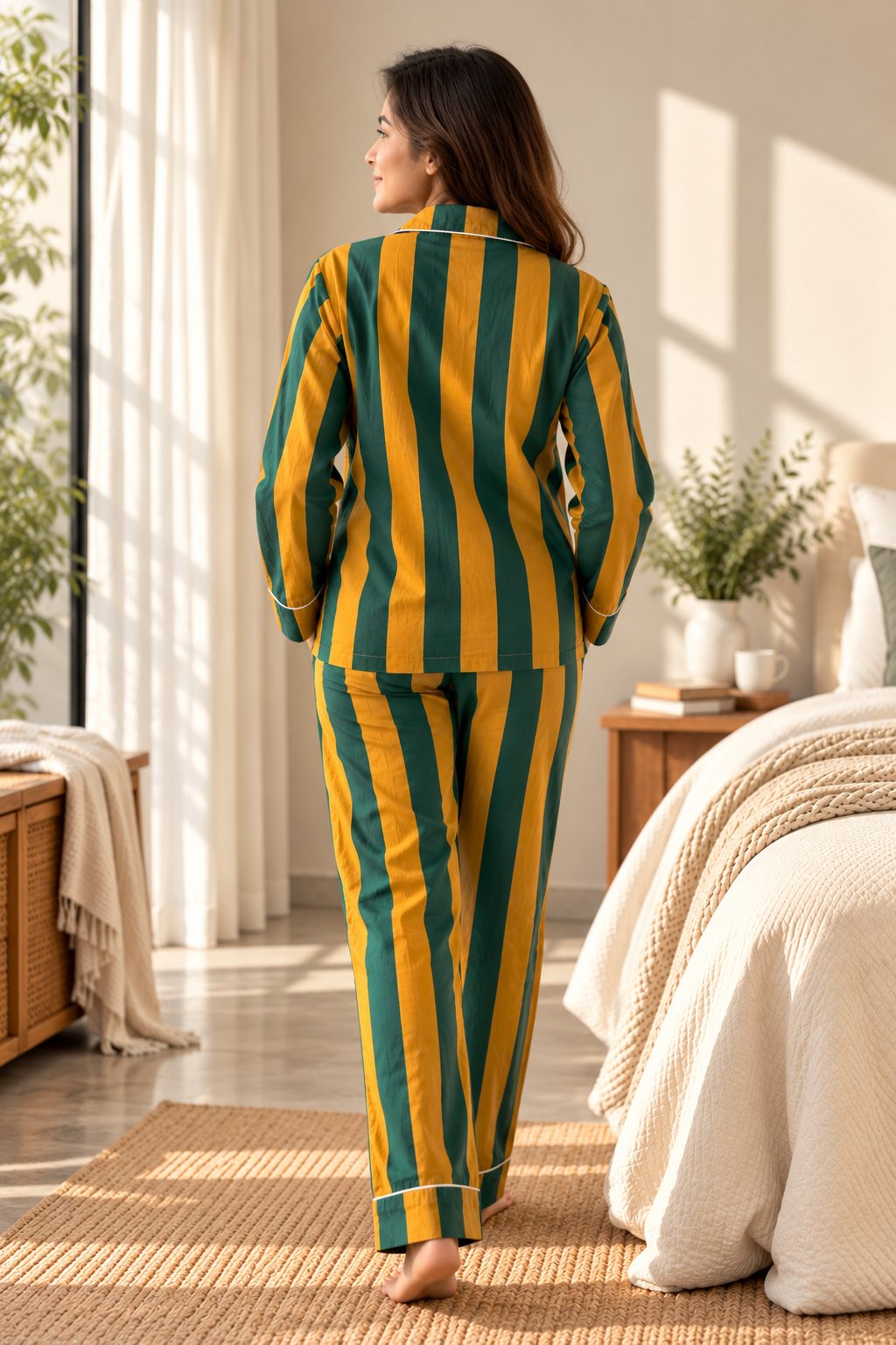 Striped Pure Cotton Shirt PJ Set - Mustard Green Colour