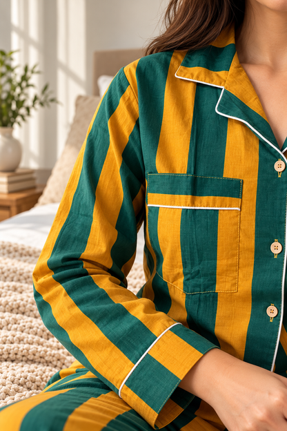 Striped Pure Cotton Shirt PJ Set - Mustard Green Colour