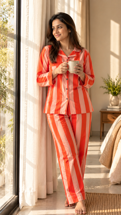Striped Pure Cotton Shirt PJ Set - Orange Peach