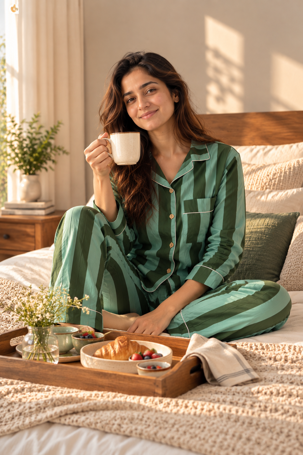 Striped Pure Cotton Shirt PJ Set - Olive Green Colour
