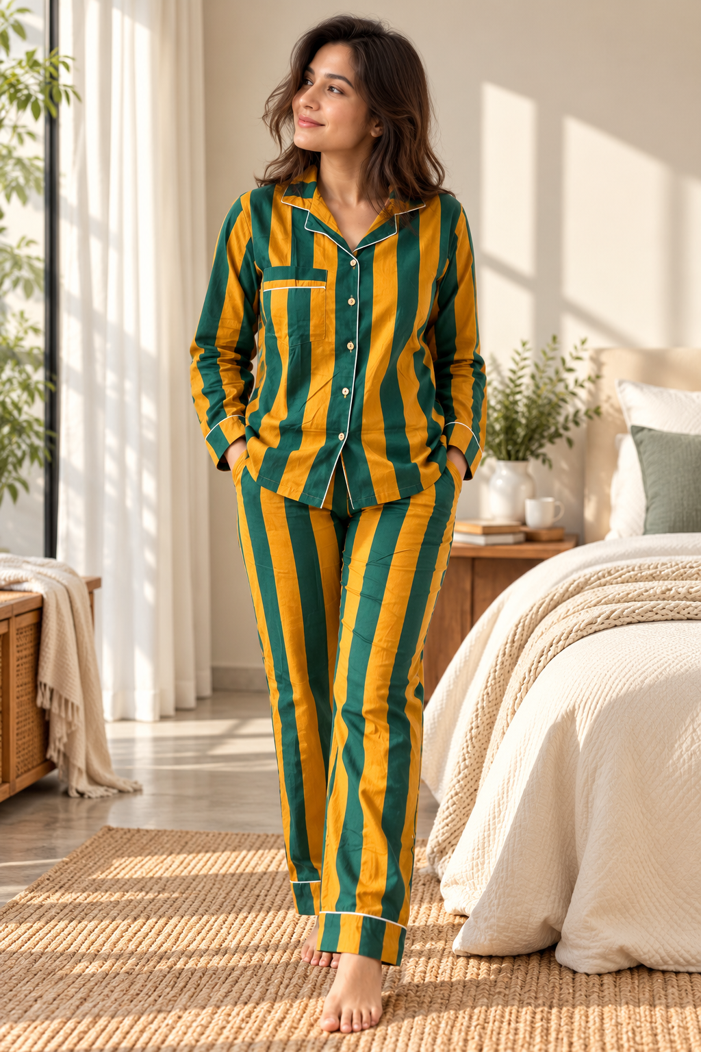 Striped Pure Cotton Shirt PJ Set - Mustard Green Colour